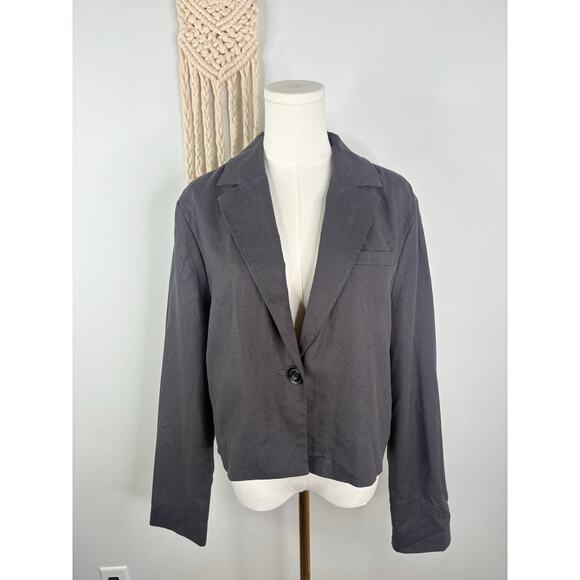 NWT American Eagle Linen Cropped Blazer Jacket Large Charcoal Gray - Picture 1 of 8